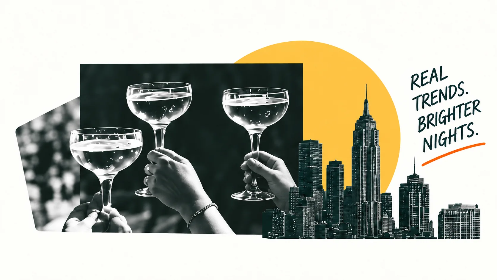 Three hands raise coupe glasses in a toast in front of a yellow sun and the New York skyline.
