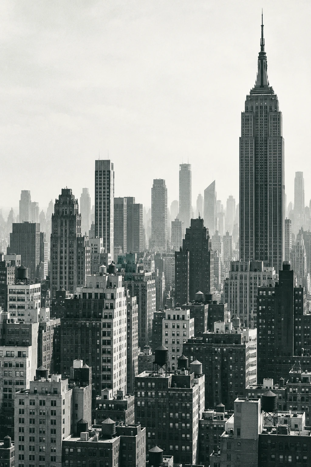 Black-and-white view of the Manhattan skyline