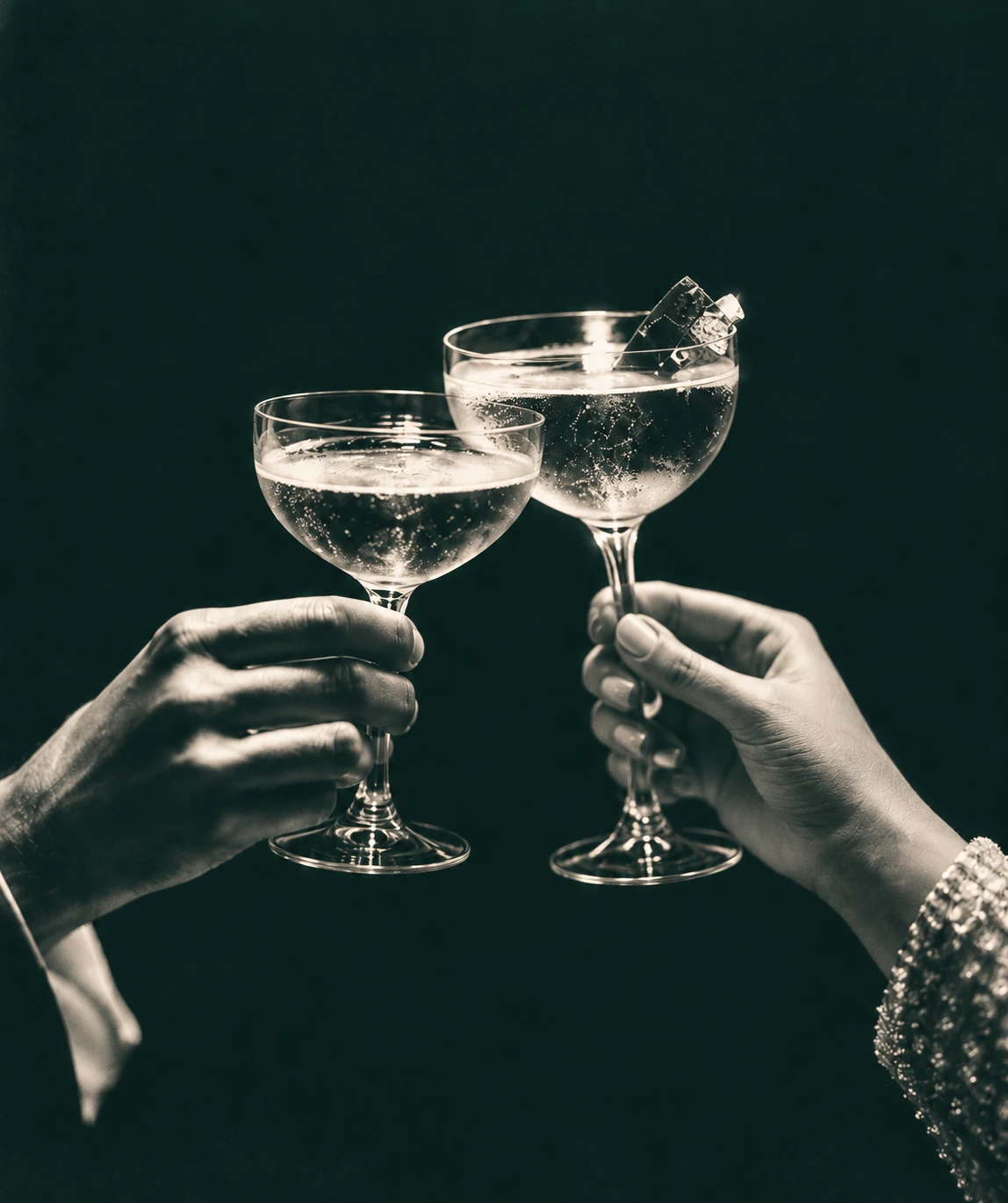Two people raising stemmed cocktail glasses in a toast
