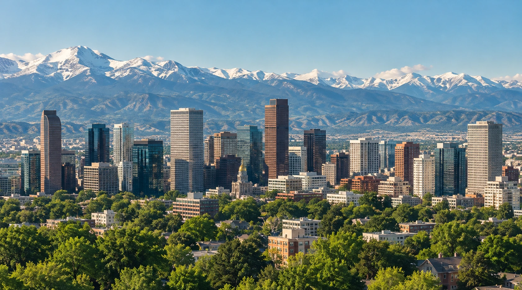 Denver skyline with the Rocky Mountains